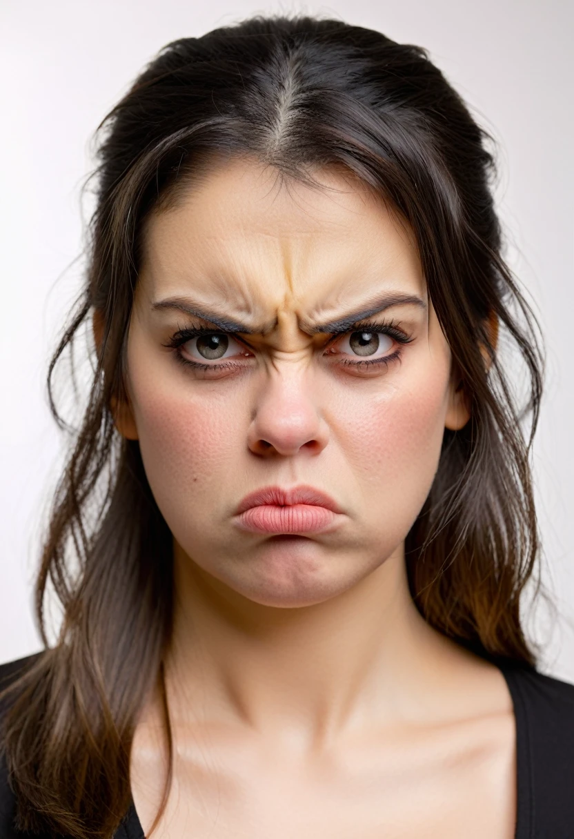 a close up of a woman with a fake face and a fake nose, angry look, beautiful grumpy girl, angry looking, crazy expression, angry expression, funny face, angry face, an angry expression, frowning expression, pouting, stern expression, very angry expression, pouty face, frowning, very angry, confused facial expression