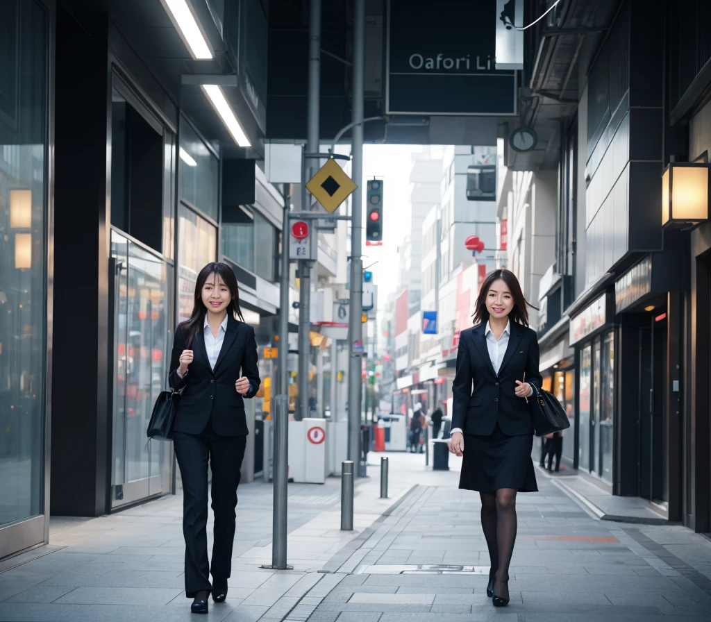 2 woman,commemorative photograph,a 2 woman in a skirt, looking at the viewer, smiling, in tokyo, very slim, (deep v-neck suit), floating, High saturation, Dynamic Angle,