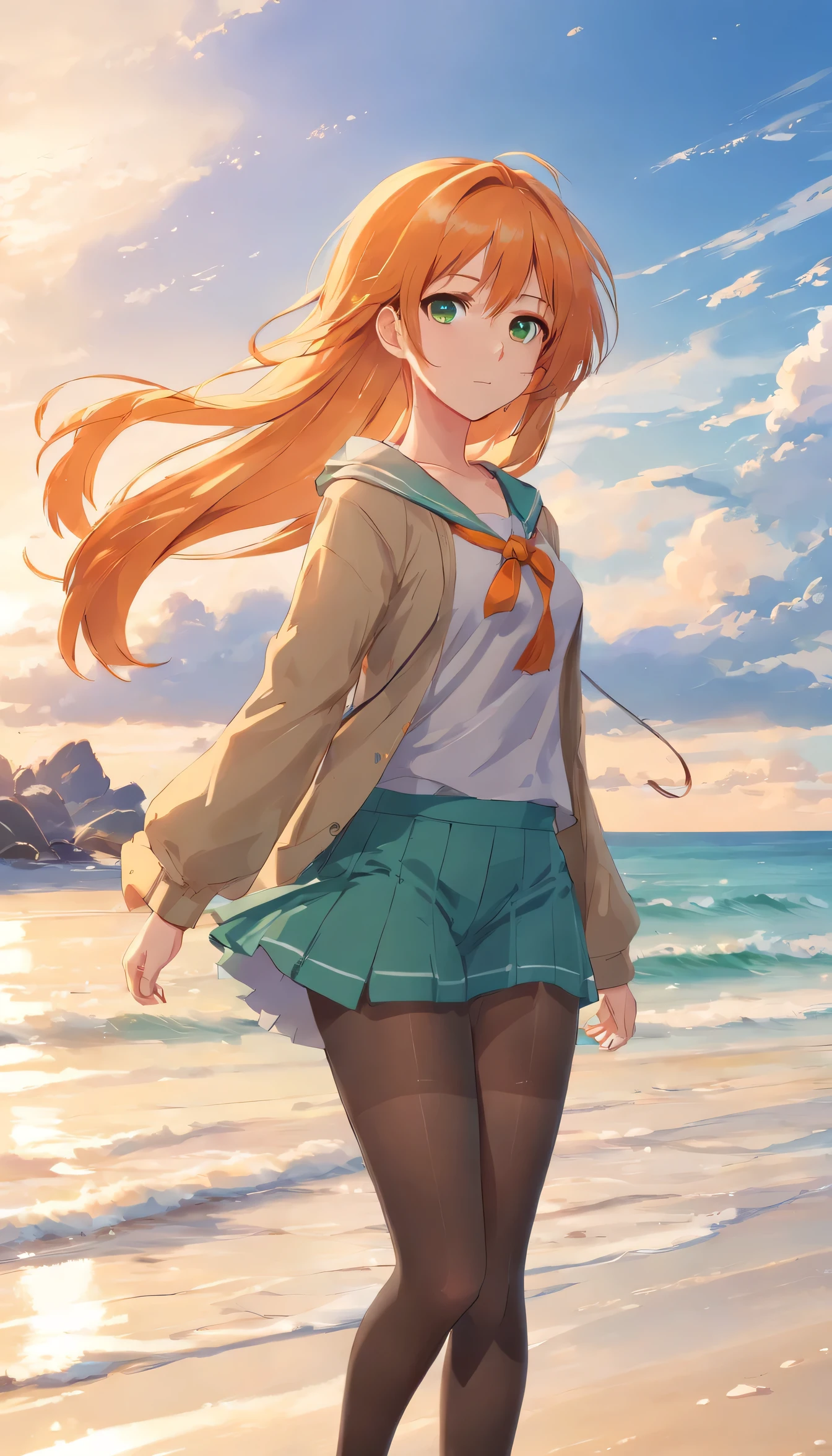 Anime girl with long orange hair, standing on the beach near the ocean, green eyes detailed digital anime art, anime girl with long hair, гладкое аниме cg art, anime girl with long hair, digital anime art, work in Guweiz style, Beautiful anime portrait, Photorealistic render of an anime girl, pantyhose, Beautiful anime girl, advanced digital anime art, guweiz на artstation pixiv HD UHD HQ