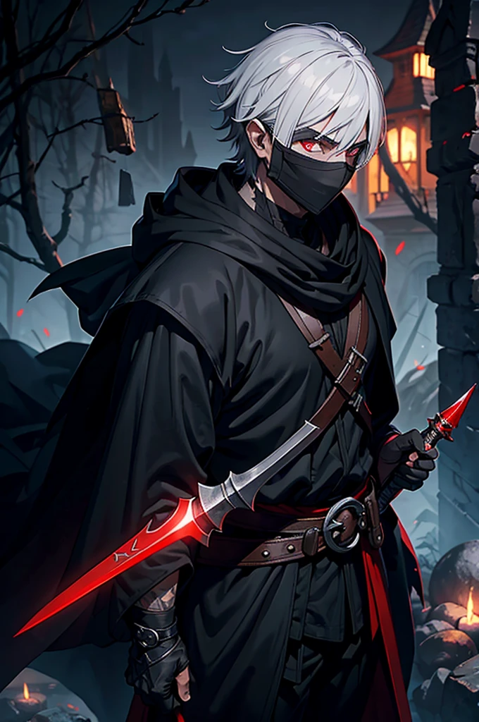 An assassin, male, fantasy character, physically strong, wearing a skull mask covering his face and eyes, dressed in black medieval attire, with a white hooded cloak over it, gray hair, short hair, red eyes, holding a dagger, nighttime background.