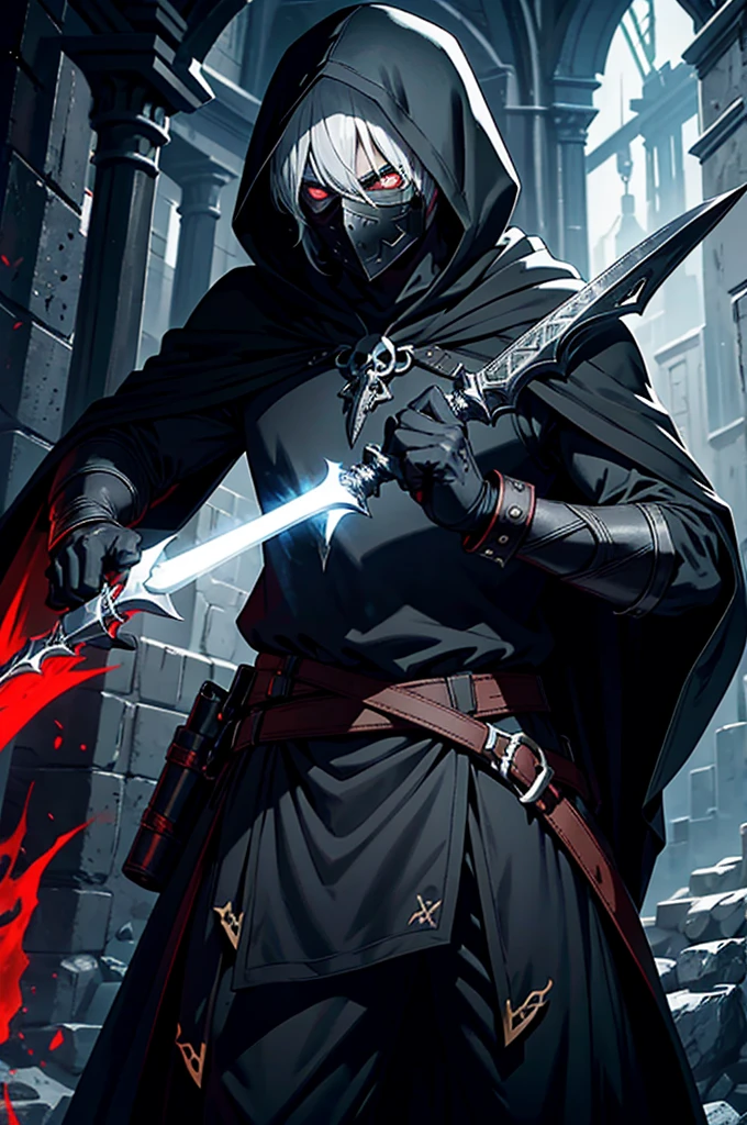 An assassin, male, fantasy character, physically strong, wearing a skull mask covering his face and eyes, dressed in black medieval attire, with a white hooded cloak over it, gray hair, short hair, red eyes, holding a dagger, nighttime background.