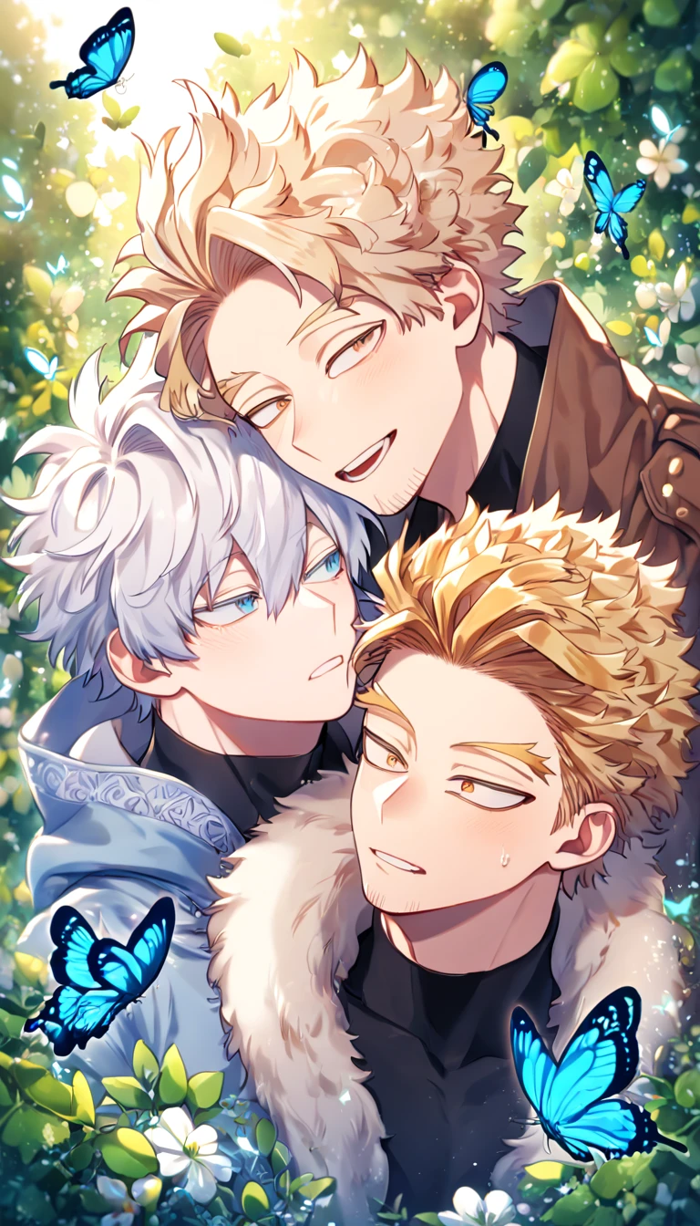 absurdres, highres, ultra detailed, HDR, master piece, best quality, extremely detailed face, delicated features, Hawks, ash-blonde hair, expressive golden brown eyes, faint stubble, Boku No Hero Academia, Gojou Satoru, white hair, expressive blue eyes, white eyelashes, two sexy men together, yaoi, gay couple, handsome, light-blue coat with fur, brown jacket with fur, black tight shirt with patterns, fantasy, magical, butterflies, summer, green leaves, flowers, water