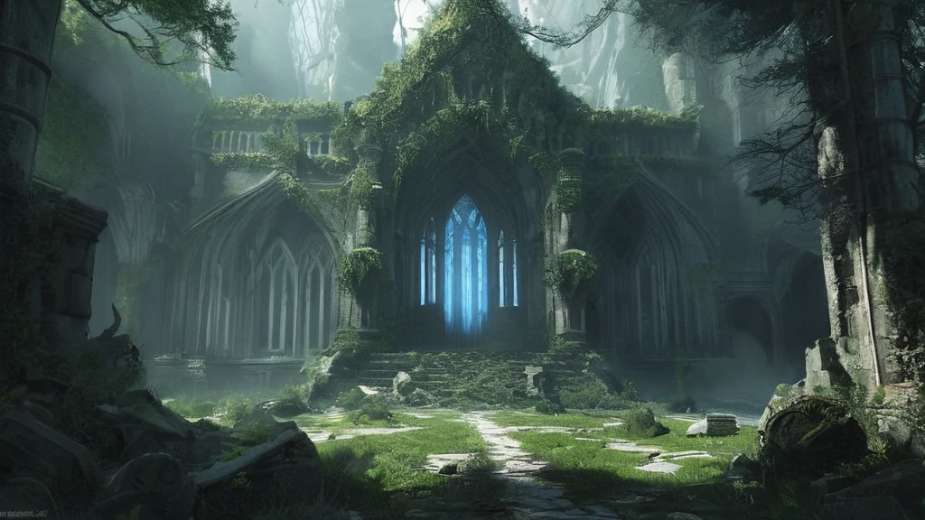 A majestic yet eerie medieval cathedral stands in the heart of a dense, shadowy forest. The cathedral’s ancient stone walls are covered with dark ivy and moss, with many stones cracked and weathered by centuries of neglect. Tall, stained-glass windows, some shattered and others clouded with age, faintly glimmer with ghostly light. Sunlight barely penetrates the thick canopy of twisted, gnarled trees that encircle the clearing, casting an otherworldly glow on the structure. The forest floor is littered with fallen leaves, twisted roots, and crumbling stone, adding to the sense of age and abandonment. The cathedral’s spires, now partially collapsed, reach skyward, piercing through the gloom as if seeking escape from the oppressive darkness. Flickering will-o'-the-wisps hover near the entrance, illuminating the worn, uneven steps and casting long, wavering shadows. Inside, the pews are coated with thick dust, and ancient, arcane symbols are faintly visible, etched into the crumbling stone walls. The air is thick with an unsettling silence, broken only by the distant calls of unseen creatures, creating a haunting atmosphere in this dark fantasy setting