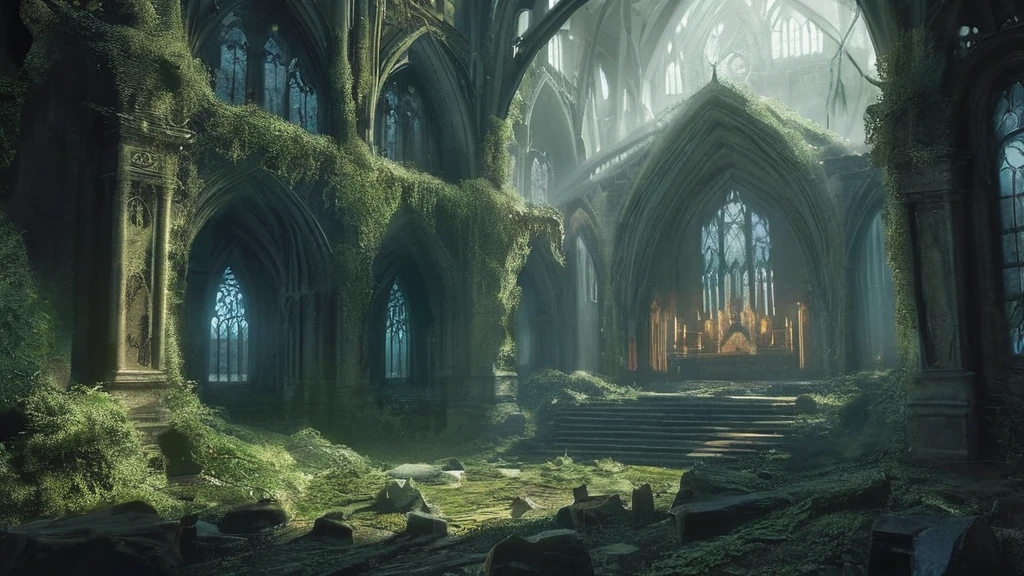 A majestic yet eerie medieval cathedral stands in the heart of a dense, shadowy forest. The cathedral’s ancient stone walls are covered with dark ivy and moss, with many stones cracked and weathered by centuries of neglect. Tall, stained-glass windows, some shattered and others clouded with age, faintly glimmer with ghostly light. Sunlight barely penetrates the thick canopy of twisted, gnarled trees that encircle the clearing, casting an otherworldly glow on the structure. The forest floor is littered with fallen leaves, twisted roots, and crumbling stone, adding to the sense of age and abandonment. The cathedral’s spires, now partially collapsed, reach skyward, piercing through the gloom as if seeking escape from the oppressive darkness. Flickering will-o'-the-wisps hover near the entrance, illuminating the worn, uneven steps and casting long, wavering shadows. Inside, the pews are coated with thick dust, and ancient, arcane symbols are faintly visible, etched into the crumbling stone walls. The air is thick with an unsettling silence, broken only by the distant calls of unseen creatures, creating a haunting atmosphere in this dark fantasy setting