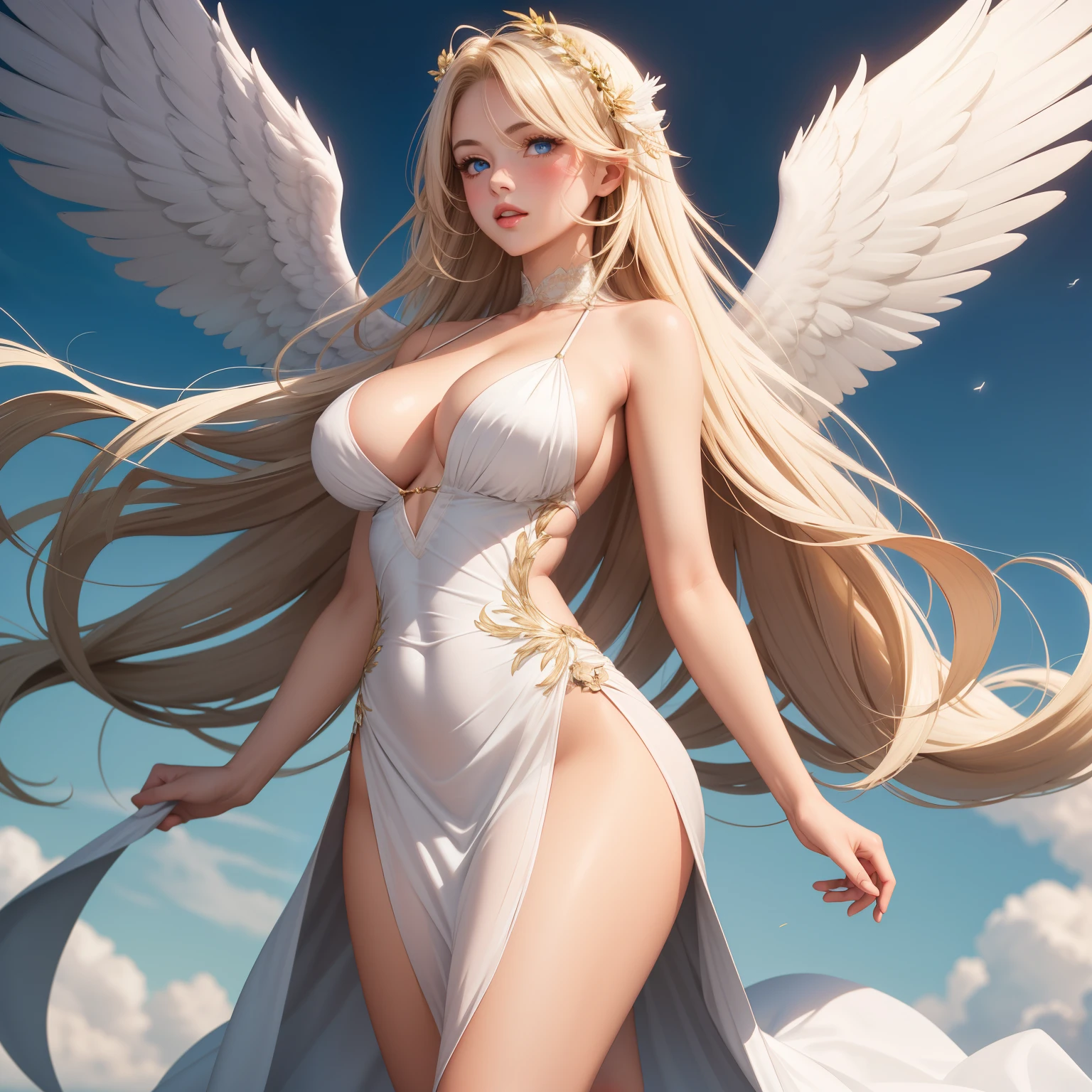 angel woman. very long floating blonde hair, beautiful face, blush, detailed blue eyes, clear skin , big breasts, angel wings on his back. white and gold dress with neckline, sky background. full body image.