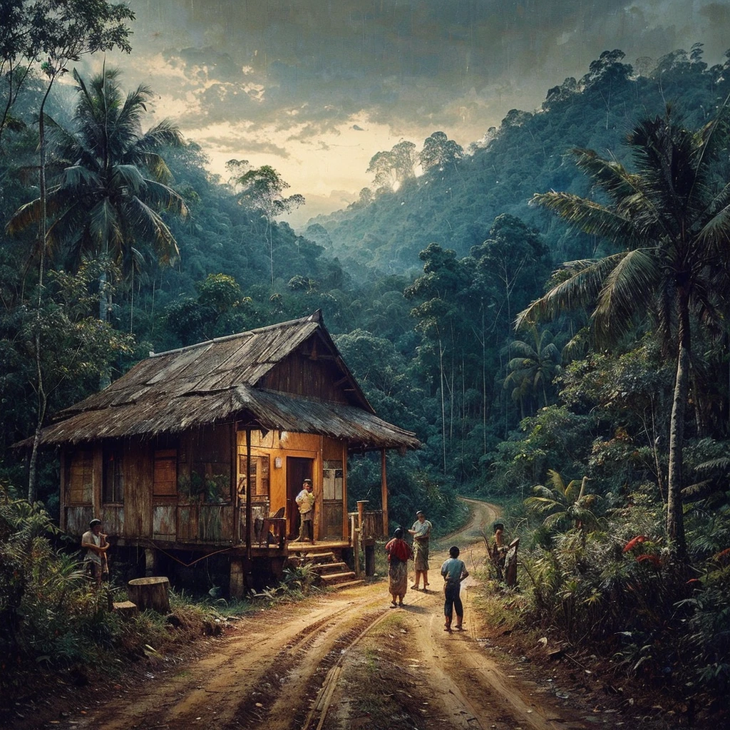 Oil paint splattered era 1960, a view, the road turns, samping kanan kiri forest rapat borneo, there is a mountain background, forest, coconut tree, and trees, there is bush grass, ferns plant,very dark night,naturalism,Realism,very dull canvas,basuki abdullah style,Oil paint splashes are intuitive