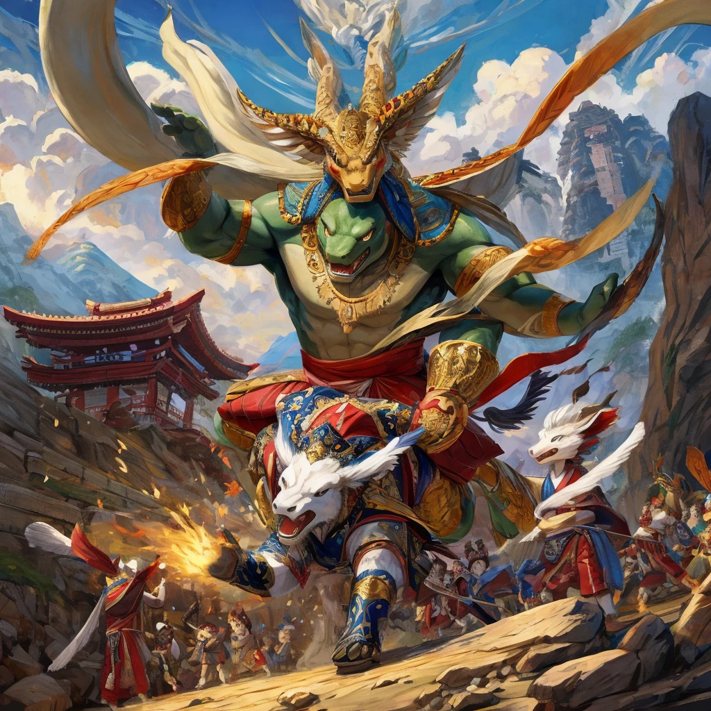 Masterpiece, A scene from Japanese mythology in which a young god dressed in ancient clothing and riding a flying horse fights and defeats a giant snake with eight heads bigger than a mountain.