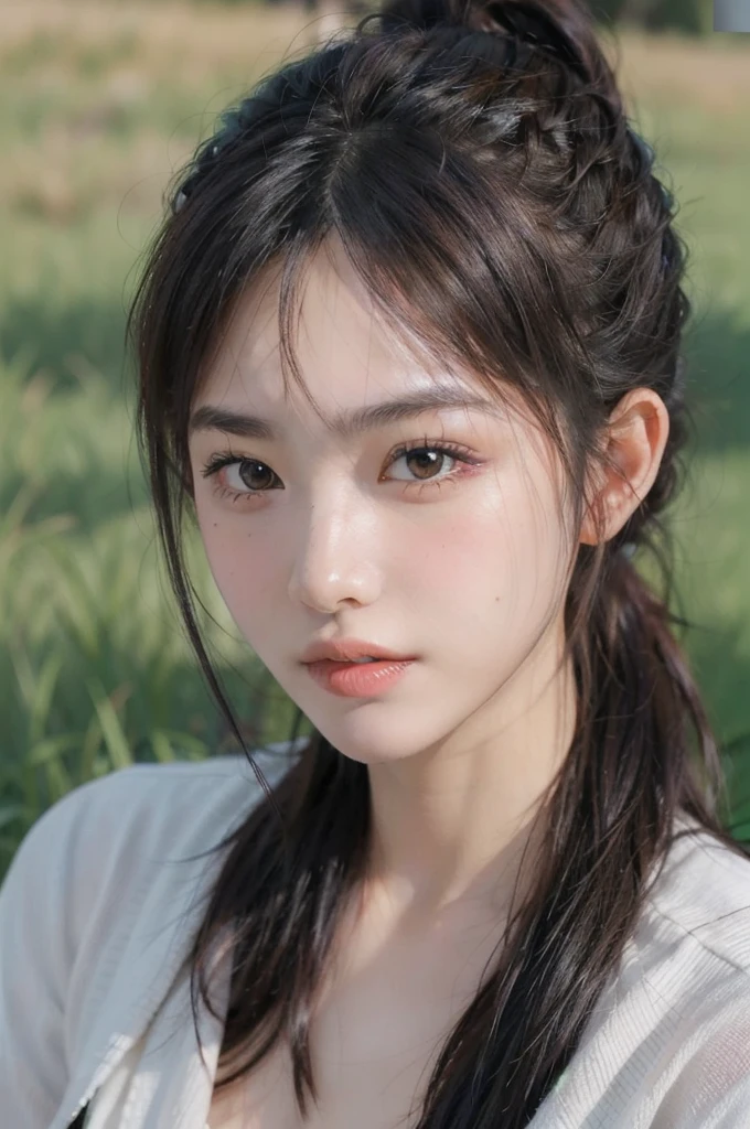 Highest quality, Face Focus, Soft Light, Ultra-high resolution, Realistic:1.4, RAW Photos, Japanese girl, alone, cute, (A shy smile:0.5), (Brown eyes, Light in your eyes), Beautiful face in every detail, (High resolution detail of human skin texture), (Ponytail Hair), In the grassland, samurai girl,