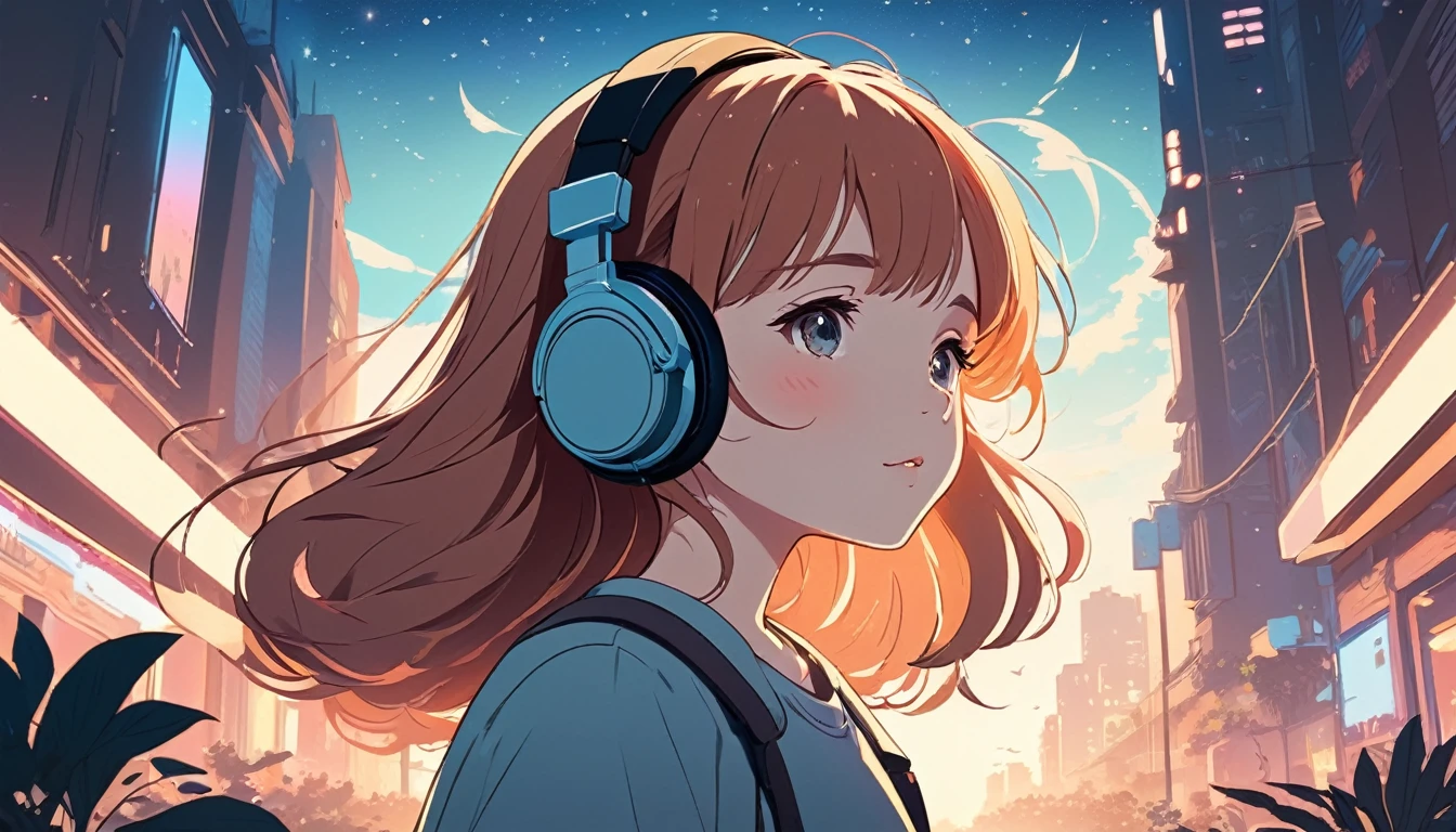Girl with headphones, Wide-angle lens, Lofi Anime, Lofi illustration, Aesthetic atmosphere, Lo-Fi Style, Vector art, Flat Design, Simple shape, Warm tones, Pleasant atmosphere, Chill, In anime style, Digital drawing, Vector art, Vector logo for t-shirt printing, (Adorable:1.5), (small:1.4), (Playful:1.2), (soft:1.3), (Whimsical:1.1), masterpiece, Highest quality, 8k, Intricate details, grow, Celestial, Mysterious, Picturesque, amazing, Majestic, Magic, Fantasy art, Cover art, dream-like