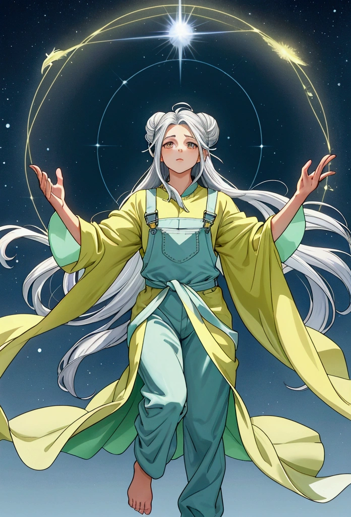 Full body image of a large man, radiating a serene and welcoming aura. Your hair is of medium length, with silver threads that shine in the light, neatly tied into a bun on top of the head. Their eyes, of an intense silver tone, convey calm and understanding, as if he could see directly into the soul of whoever looked at him.

He wears a pair of sturdy fabric gardening overalls., but comfortably adjusted to your body, denoting an uncomplicated and functional style. About the jumpsuit, heavenly veils float, in shades of green and yellow, that move gracefully with the breeze, as if they were an extension of your own essence. These veils, in addition to decorating, seem to emanate a soft glow, giving it an almost ethereal appearance. bare feet Your presence is enchanting, capable of bringing comfort and enchantment to those around you. With each movement, there&#39;s a touch of silver magic, reflecting your inherent power. He can make small objects levitate, or create patterns of silver light in the air with a simple gesture, a reflection of your gifts and your deep connection with the silver element. Your voice is calm and melodious, always full of understanding and empathy, easily gaining the trust and respect of everyone who meets him.