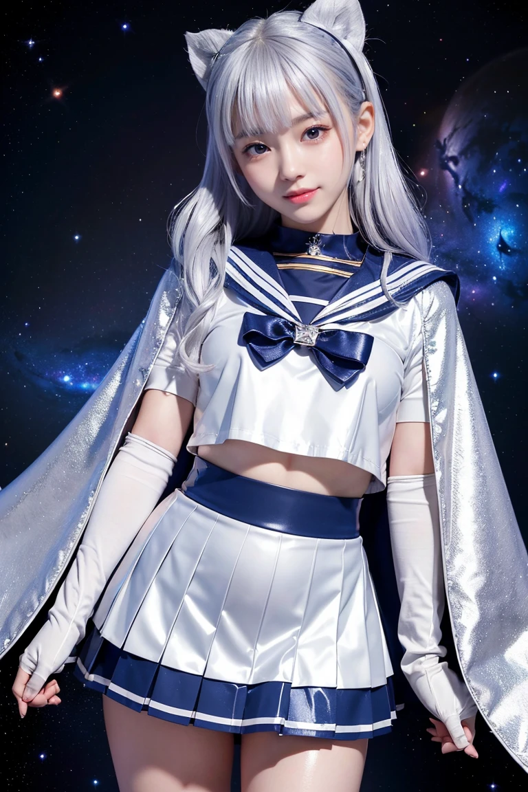 (((Silver colored hair)))、(((A 14-year-old Japanese girl wearing a shiny short-sleeved sailor uniform with elbow gloves and a cloak over it.,smile)))、(((Silver latex sailor collar)))、(((Silver latex pleated skirt)))、choker、Earrings、ribbon、((belly button))、 (((Sailor Warrior Uniforms)))、、Beautiful ornaments: 美しいPerfect Face, Soft Skin、Perfect Face, Intricate details, Splash screen, 8k resolution, masterpiece, Cute Face、(((Space Background)))、Queen of Queenasterpiece, Highest quality, Highest quality, Official Art, Beauty and aesthetics: 1.2), (One girl: 1.3)