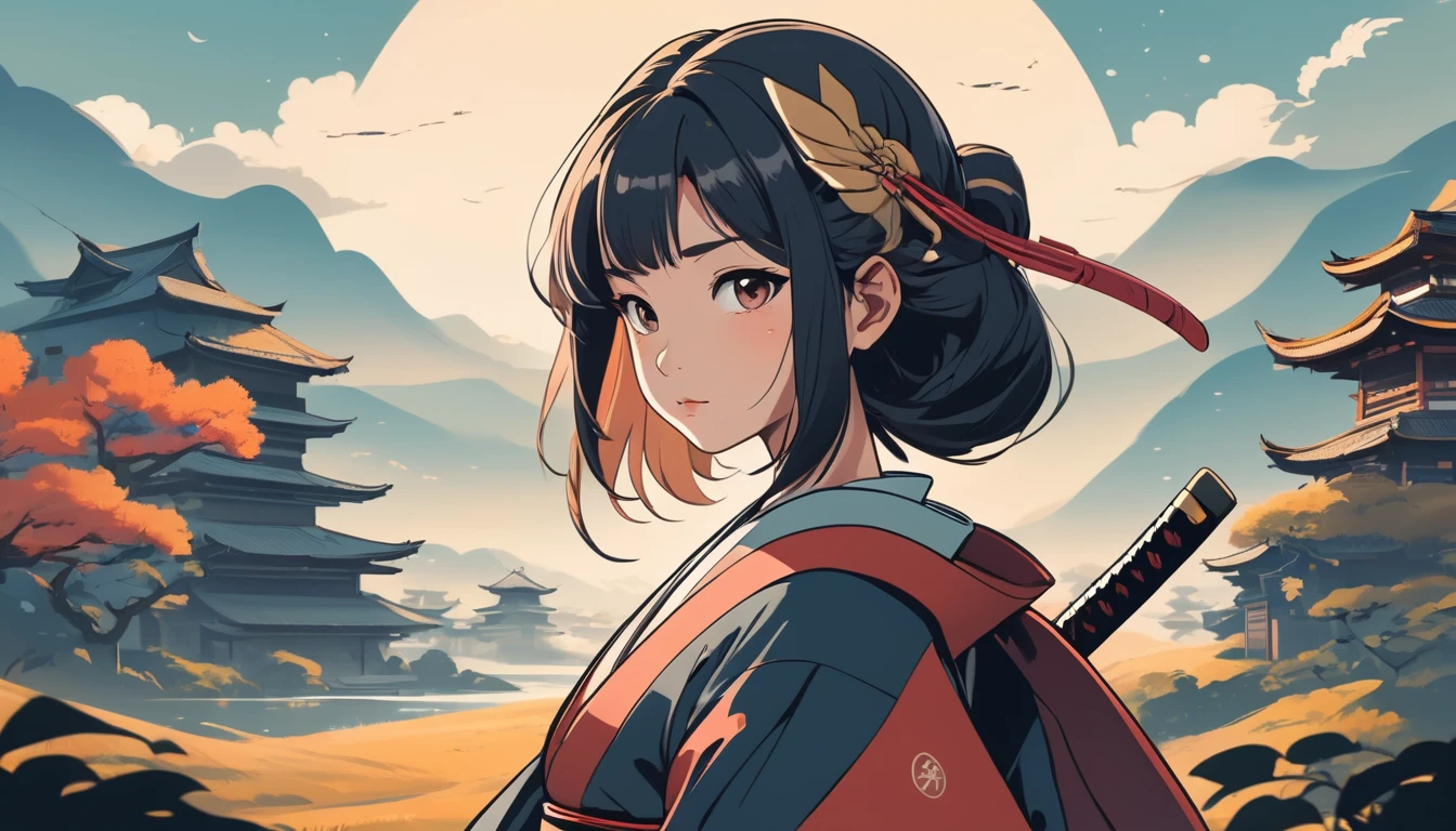 Female samurai, Wide-angle lens, Lofi Anime, Lofi illustration, Aesthetic atmosphere, Lo-Fi Style, Vector art, Flat Design, Simple shape, Warm tones, Pleasant atmosphere, Chill, In anime style, Digital drawing, Vector art, Vector logo for t-shirt printing, (Adorable:1.5), (small:1.4), (Playful:1.2), (soft:1.3), (Whimsical:1.1), masterpiece, Highest quality, 8k, Intricate details, grow, Celestial, Mysterious, Picturesque, amazing, Majestic, Magic, Fantasy art, Cover art, dream-like