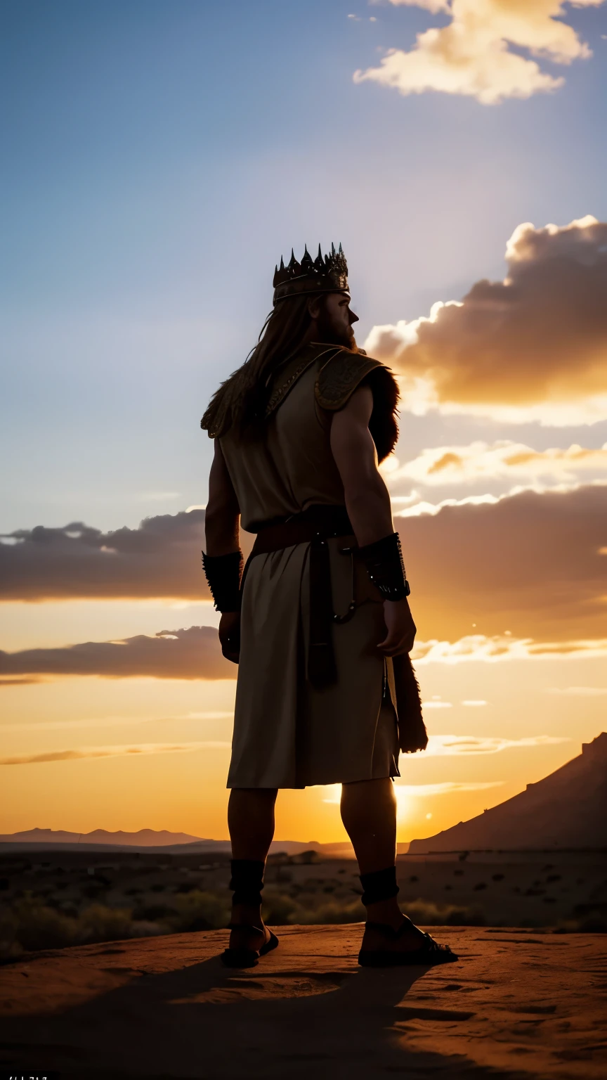 Create a cinematic image of King Solomon from the Bible with a Viking-inspired, more aggressive style. He is standing with his back turned, gazing at a magnificent sunset. The scene is captivating, with a warm and golden color palette. The sky is painted in hues of orange, pink, and purple. Solomon's silhouette is imposing, adorned with a robust, flowing royal robe featuring rich and ornate details, and a gleaming crown on his head. His attire should reflect a rugged, warrior-like aesthetic, with elements such as fur and metal accents, making it more robust. Ensure that his hair is detailed and realistic, perhaps long and flowing, adding to his fierce presence. He is in a desert landscape, with a few palm trees in the background, and the temple of Jerusalem can be glimpsed in the distance, slightly blurred. The image should convey a sense of grandeur, wisdom, and contemplation, with an edge of fierce strength.
Ensure the image is high resolution with detailed textures. Use realistic lighting and shadow effects to enhance the cinematic feel. Pay close attention to the intricate designs of Solomon's robe and crown, incorporating Viking-like elements. Make the details of his clothing and hair as realistic as possible. Compose the scene in a balanced manner, focusing on Solomon and the sunset, while incorporating subtle background elements that add depth without distracting from the main subject.