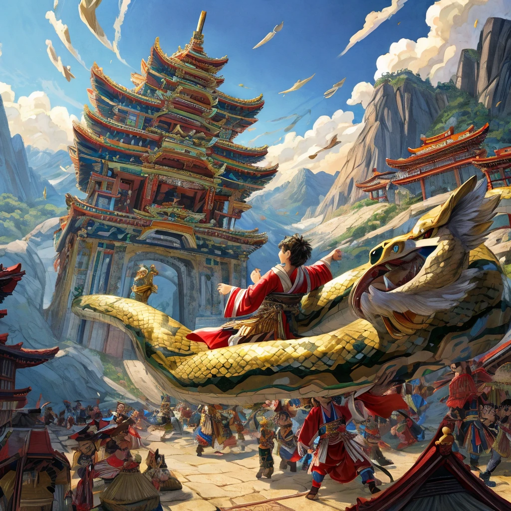 Masterpiece, A scene from Japanese mythology in which a young god dressed in ancient clothing and riding a flying horse fights and defeats a giant snake with eight heads bigger than a mountain.