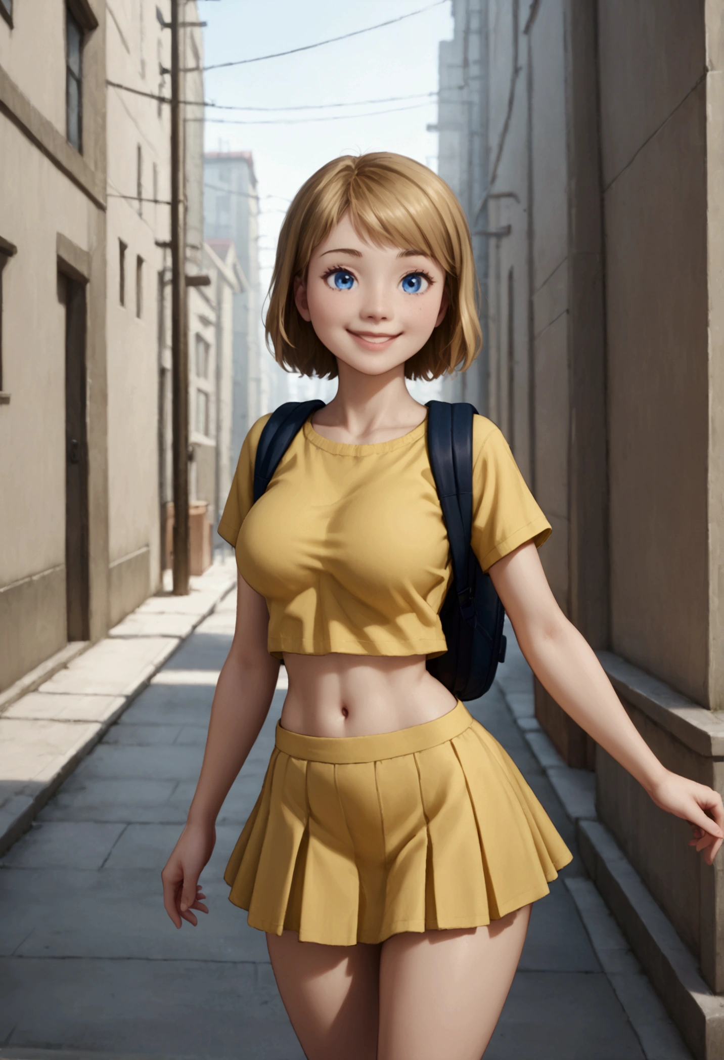 A stunning, intricate full-color portrait in Ultra-HD, size 1.30cm., 10 years old, detailed face, short blonde hair, blue eyes, Wearing short yellow school shirt, that I will be able to see his navel, sharp focus, natural lighting, Subsoil Dispersion, F2, 35mm, will be standing, posing sensually, very sexy, with very fat legs and very wide hips, very small waist, will be found in the city, smiling, very giant breasts, She will be wearing a small yellow micro wide school skirt and her underwear will be visible., He will have a brown leather backpack hanging on his back and will be waving towards the spectators. 