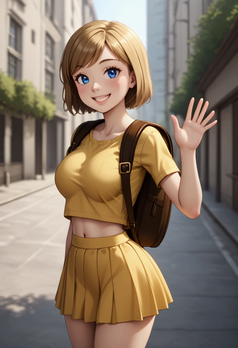 A stunning, intricate full-color portrait in Ultra-HD, size 1.30cm., 10 years old, detailed face, short blonde hair, blue eyes, Wearing short yellow school shirt, that I will be able to see his navel, sharp focus, natural lighting, Subsoil Dispersion, F2, 35mm, will be standing, posing sensually, very sexy, with very fat legs and very wide hips, very small waist, will be found in the city, smiling, very giant breasts, She will be wearing a small yellow micro wide school skirt and her underwear will be visible., He will have a brown leather backpack hanging on his back and will be waving towards the spectators. 