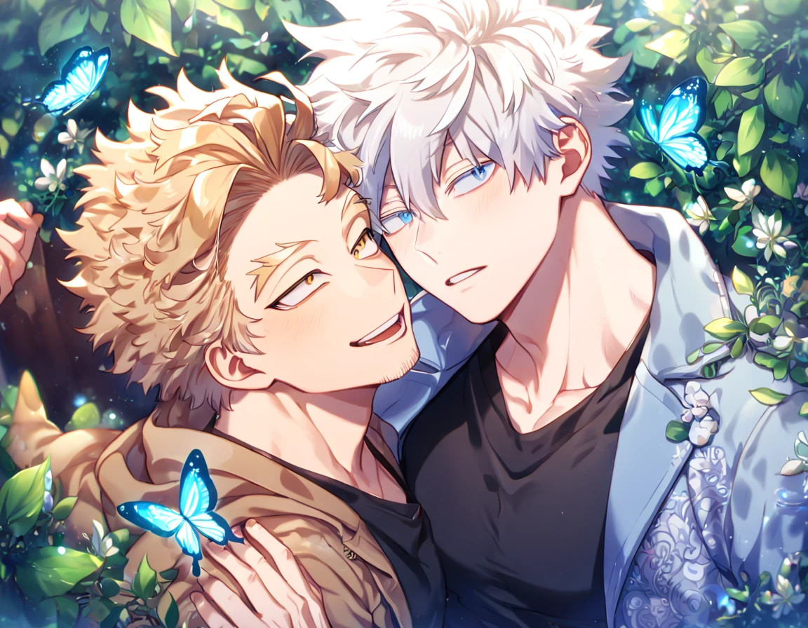 absurdres, highres, ultra detailed, HDR, master piece, best quality, extremely detailed face, delicated features, Hawks, ash-blonde hair, expressive golden brown eyes, faint stubble, Boku No Hero Academia, Gojou Satoru, white hair, expressive blue eyes, white eyelashes, two sexy men together, yaoi, gay couple, handsome, light-blue coat with fur, brown jacket with fur, black tight shirt with patterns, fantasy, magical, butterflies, summer, green leaves, flowers, water