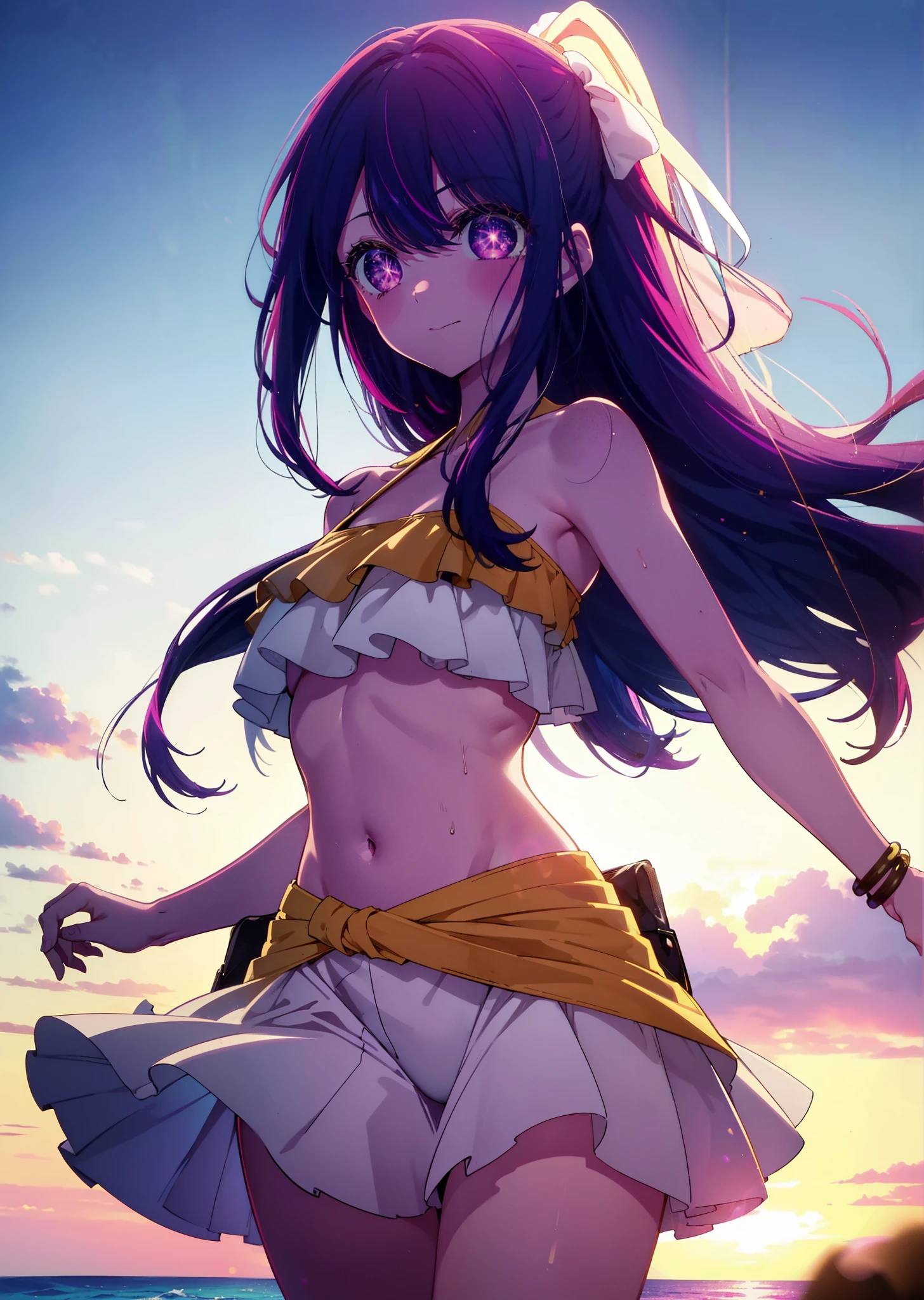 Mulher morena, pele escura, dark skin, olhos cor rosas, cabelo multi-colorido, cabelo roxo escuro ondulado com mechas rosas, cabelo com luz azul e rosa de leve, smiling seductive expression, corpo y, roupa de coelhinha preta, salto alto preto, sex