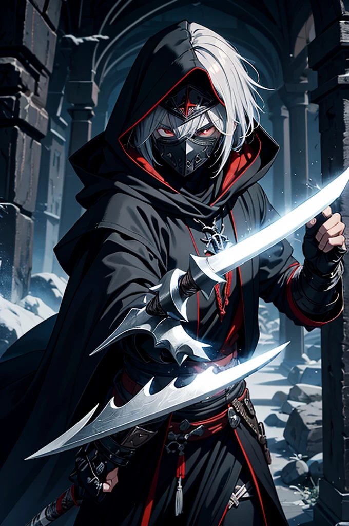 An assassin, male, fantasy character, physically strong, wearing a skull mask covering his face and eyes, dressed in black medieval attire, with a white hooded cloak over it, gray hair, short hair, red eyes, holding a dagger, nighttime background.