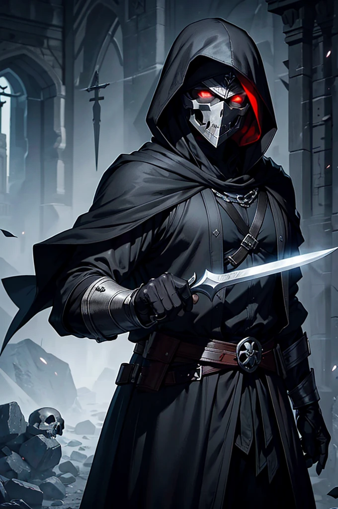 An assassin, male, fantasy character, physically strong, wearing a skull mask covering his face and eyes, dressed in black medieval attire, with a white hooded cloak over it, gray hair, short hair, red eyes, holding a dagger, nighttime background.