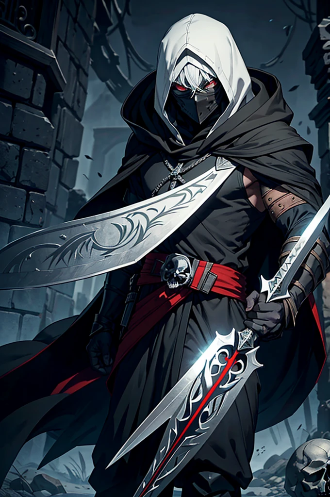 An assassin, male, fantasy character, physically strong, wearing a skull mask covering his face and eyes, dressed in black medieval attire, with a white hooded cloak over it, gray hair, short hair, red eyes, holding a dagger, nighttime background.