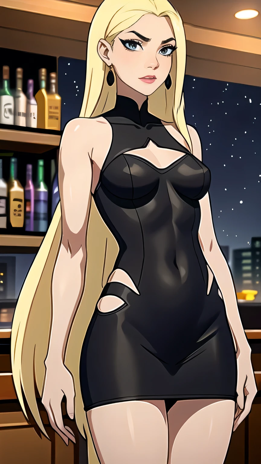 (cowboy shot), (masterpiece, best_quality, detailed, immaculate:1.3), epic, illustration,Anime Style
BREAK
ArtemisYJ,super long hair,Blonde Hair,makeup
extremely detailed clothing fabric(Black short dress) spaghetti string,extremely detailed dress ,small breast,earrings ,
BREAK
(Night, Bar, indoors,)