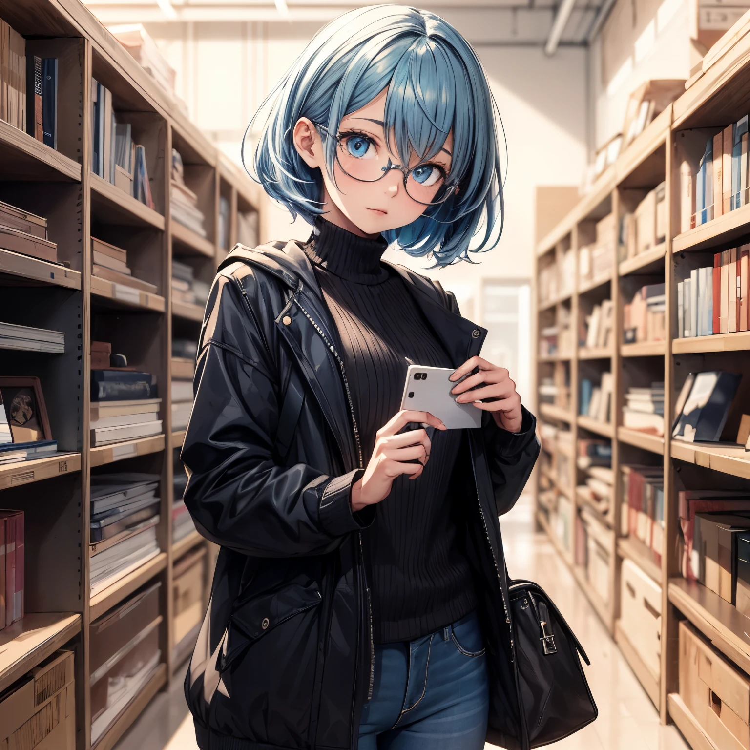 ((best quality)), ((masterpiece)), (detailed), 1girl, blue hair, glasses, alone, labrary