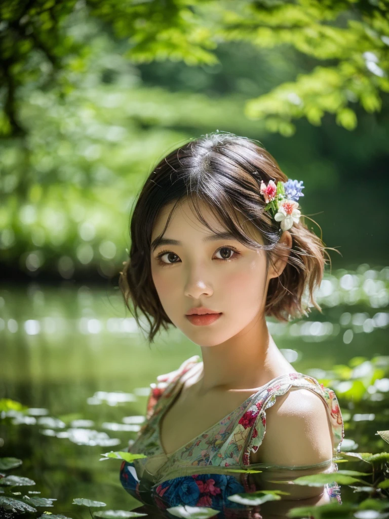 A asian girl with short hair bathing in a lake in a forest, wearing fairy-like clothing, beautiful detailed eyes, beautiful detailed lips, extremely detailed eyes and face, long eyelashes, serene expression, intricate floral patterns on the clothing, lush green foliage surrounding the lake, soft natural lighting, (best quality,4k,8k,highres,masterpiece:1.2),ultra-detailed,(realistic,photorealistic,photo-realistic:1.37),portrait,fantasy,nature,colorful