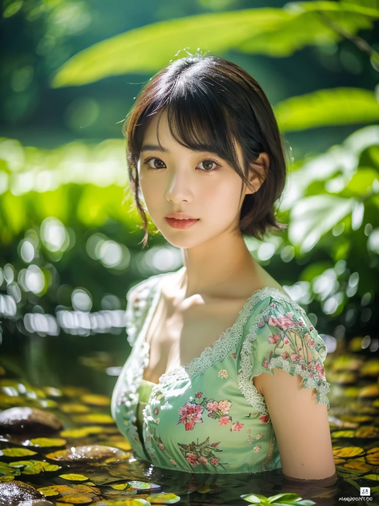 A  asian girl with short hair bathing in a lake in a forest, wearing fairy-like clothing, beautiful detailed eyes, beautiful detailed lips, extremely detailed eyes and face, long eyelashes, serene expression, intricate floral patterns on the clothing, lush green foliage surrounding the lake, soft natural lighting, (best quality,4k,8k,highres,masterpiece:1.2),ultra-detailed,(realistic,photorealistic,photo-realistic:1.37),portrait,fantasy,nature,colorful