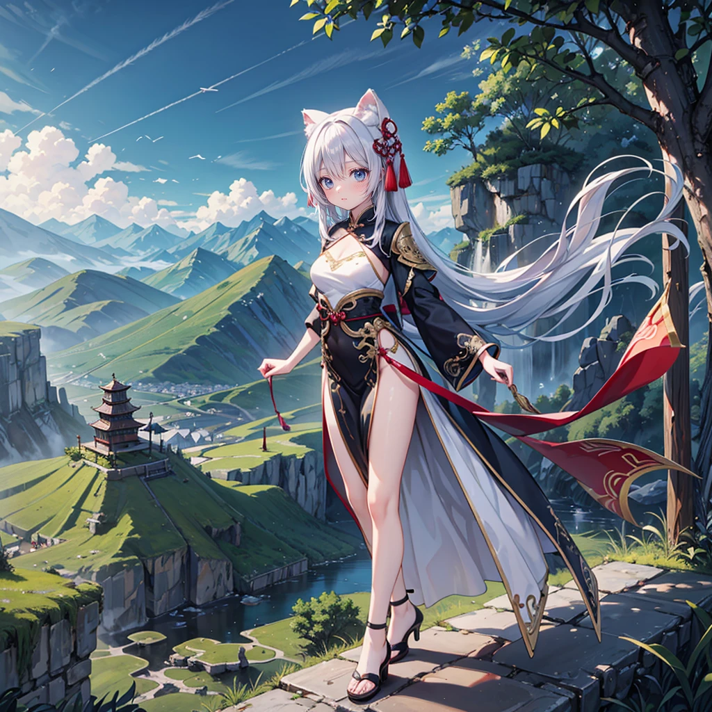 (Full body), solo, 1 beautiful girl wearing chinese fantasy clothes, posing, nature fantasy landcape background, panorama view