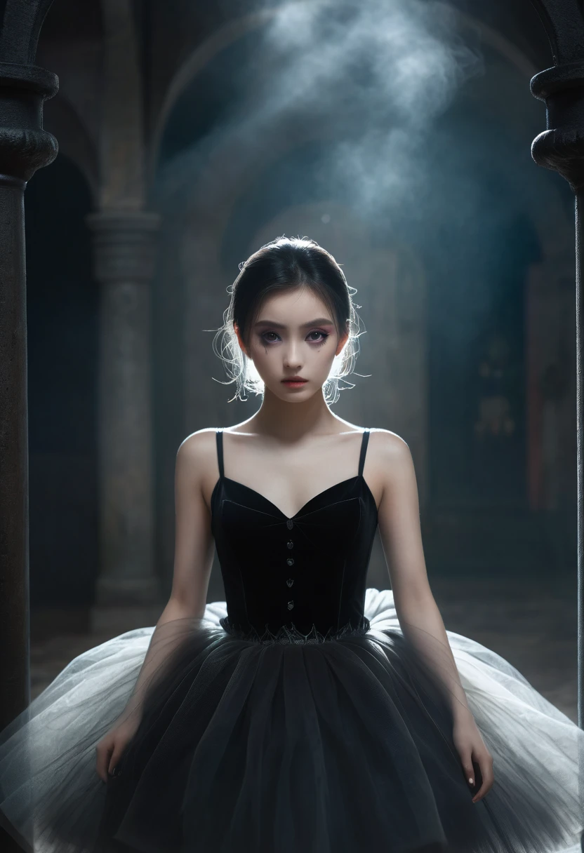 UHD, 8K, ultra detailed, a cinematic photograph of Dark Fantasy Art, a girl with Tulle skirt,making eye contact, dark, moody, dark fantasy style, beautiful lighting, great composition