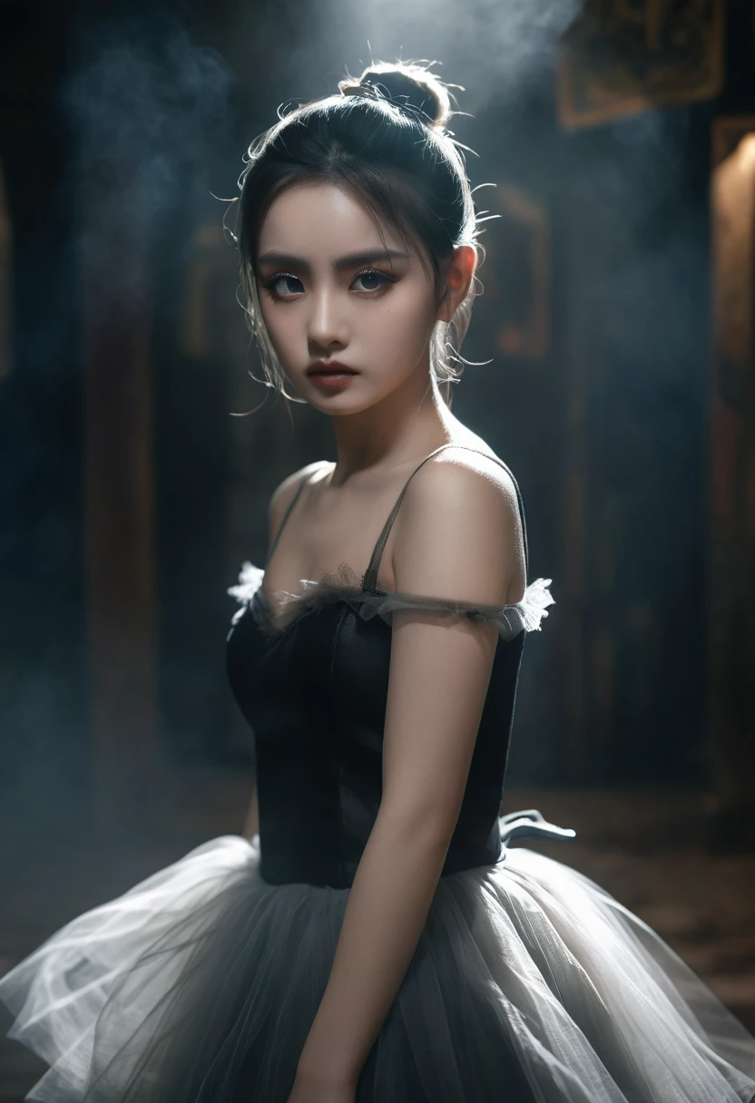 UHD, 8K, ultra detailed, a cinematic photograph of Dark Fantasy Art, a girl with Tulle skirt,making eye contact, dark, moody, dark fantasy style, beautiful lighting, great composition