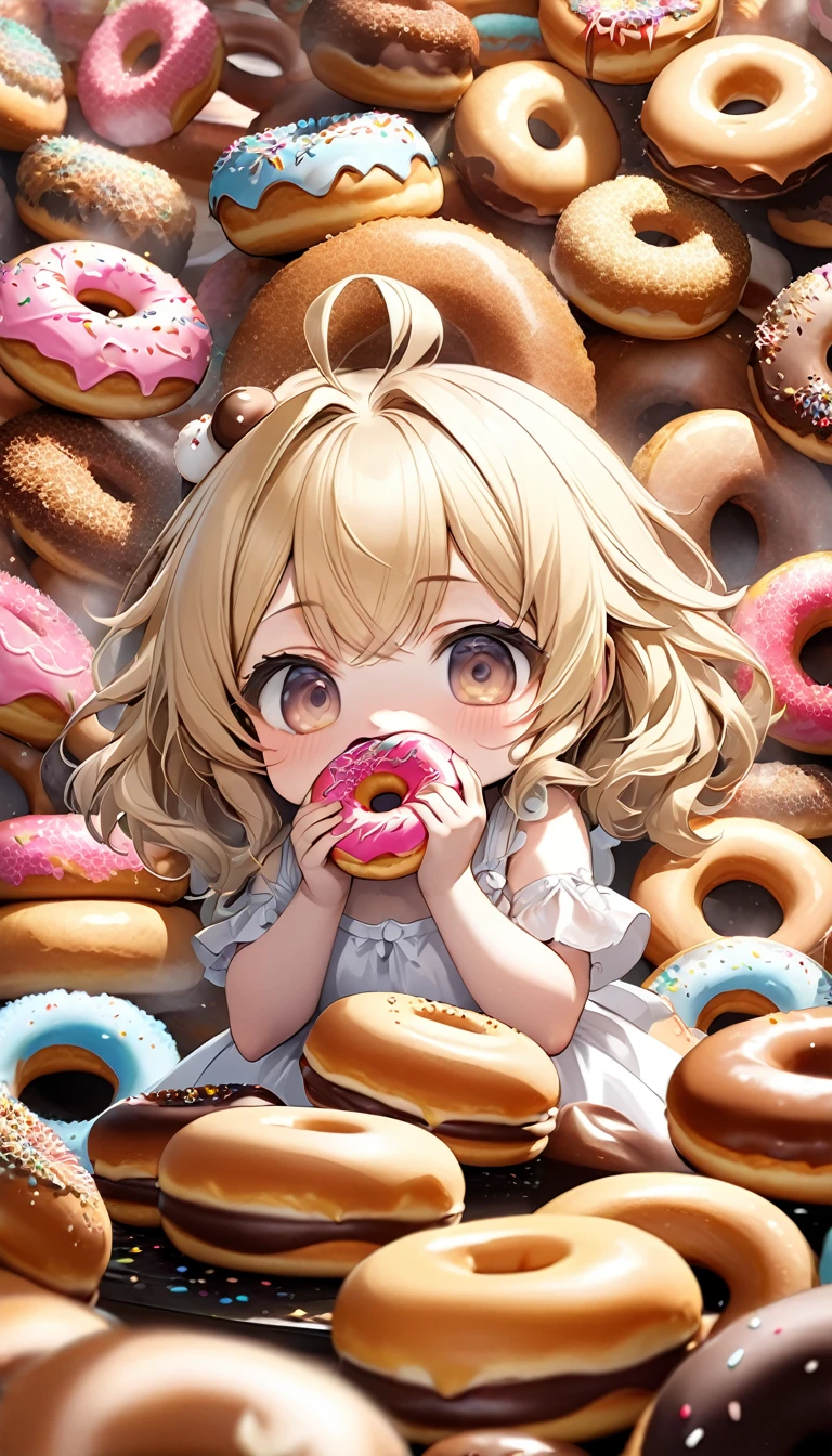 chibi, cute girl, blonde messy hair, ahoge, surrounded by many donuts, stuffing her mouth full of donuts, wearing white dress, (ultra detailed, absolutely resolution, best quality:1.3), 2.5D, delicate and dynamic, hyper realistic, artistic photography, graphic CG digital art, cartoon-style, shading effects, glitter effects, foggy filter effects, background many colorful donuts