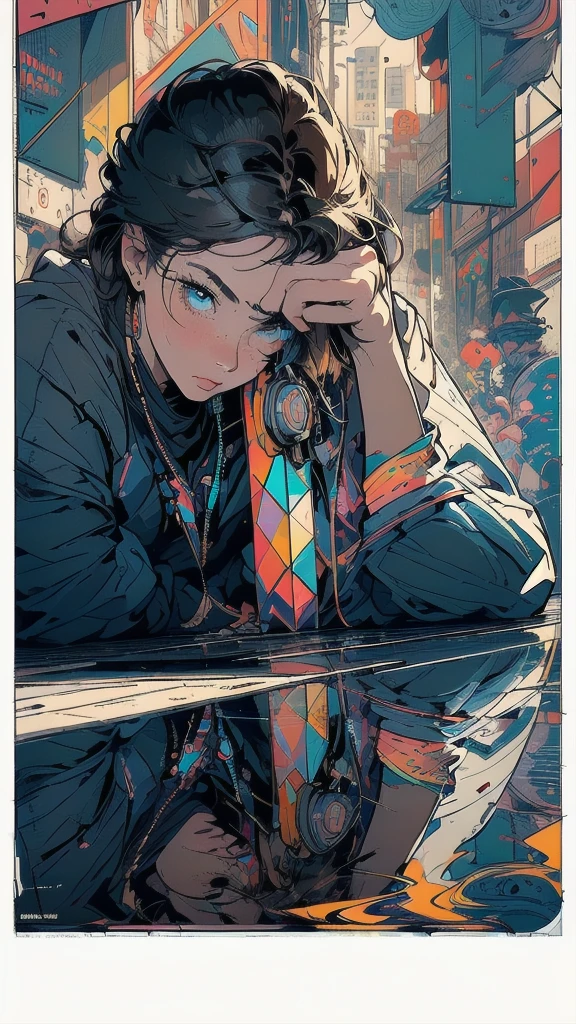 (((masterpiece, highest quality))),(((solo:1.2))),(((1girl:1.2))),32k wallpaper, very detailed, poster, vintage science fiction,(((((geometric cinematic movie poster))))), ((bauhaus)),(shape),(((abstract))),(mid century modern),movie poster,(((((portfolio))))),(((((Close-up))))),(((((bust up))))),((((more various angle)))),((((highlight)))),((((heterochromia)))),(((complete. detailed face))),((((Extremely talented)))),(((((most complecated futristic))))),(Colorful color scheme),(((detailed unlimited complete equipment : fullcover reflection lens goggle))),(((((Absolutely simple background))))),(((texture:grunge))),(((Cheek resting on hand))),((Rest on your chin)))
