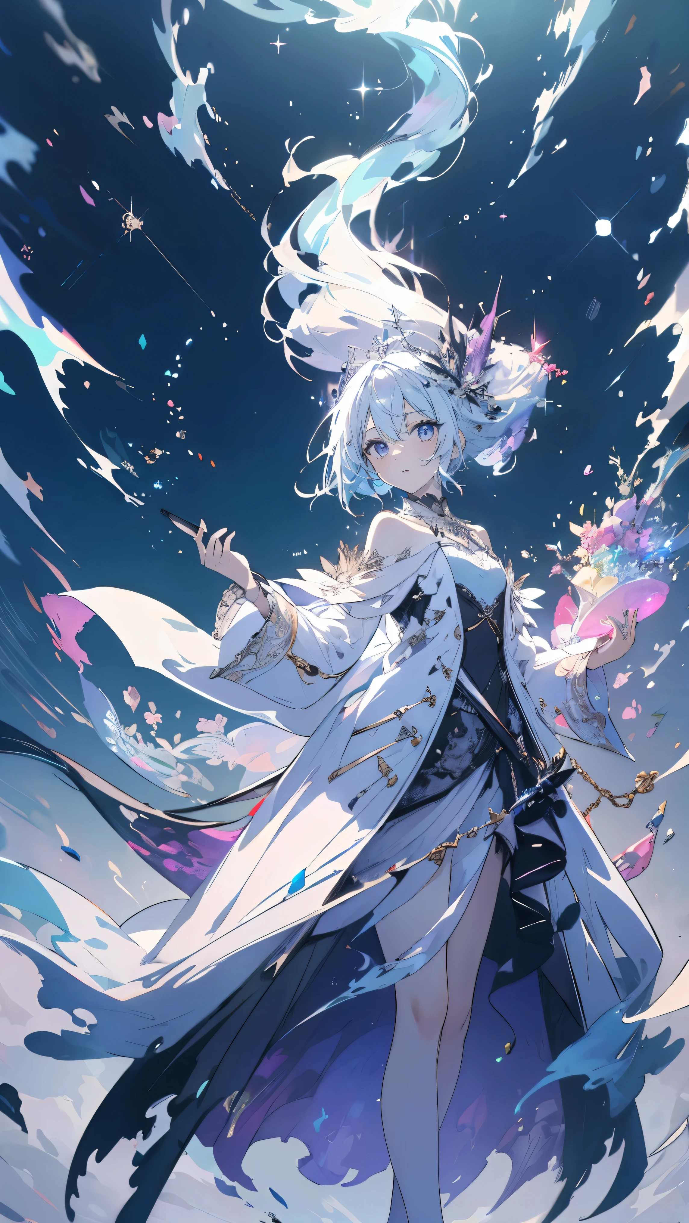 High definition RAW color art, animation,sculpture, Silver Marble Skin, (((Ultra detailed elegant))), magical atmosphere, fine skin, texture,(intricately detailed, small details, Super Detail Art), Depth of field, silky Touch, hyper detail, (pastel purple), beautiful eyes, elegant face, casual jacket, (full body), neckless, into the sky, wind browning, sparkle sky background