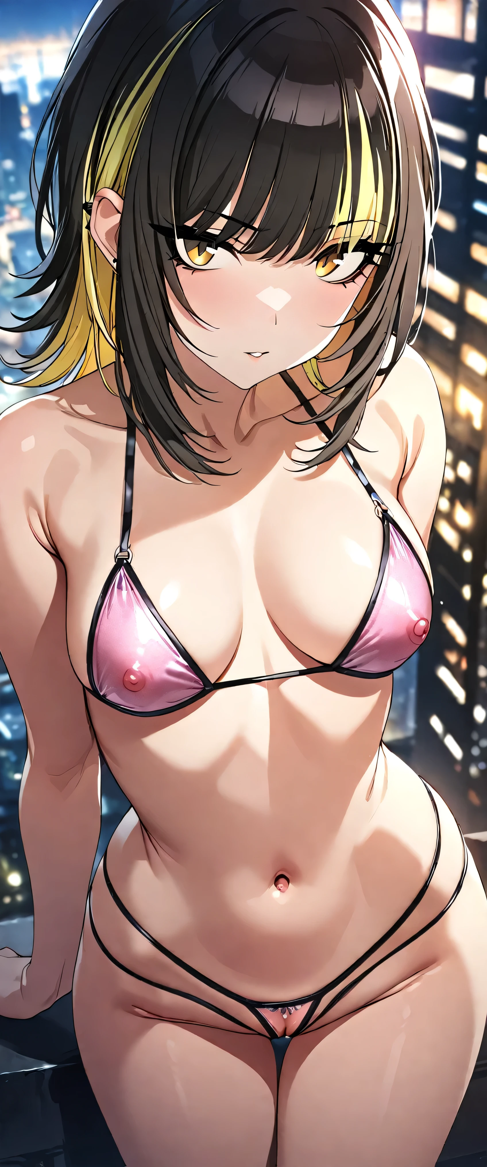 (masterpiece),(best quality),(ultra-detailed),(best illustration),(best shadow),(absurdres),(detailed background),(very aesthetic), luca ikaruga, 1girl, blonde hair, solo, multicolored hair,pinkmetallic verymicrobikini,coverdnipple,hairypussy, yellow eyes, looking at viewer, black hair, night city background