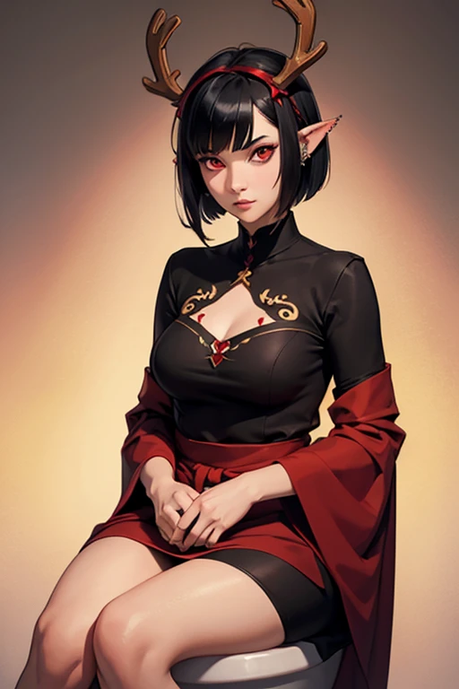 Girl with long pointed ears full of piercings, short black hair, duendecillo haircut, red eyes and reindeer antlers on head sitting on toilet. 