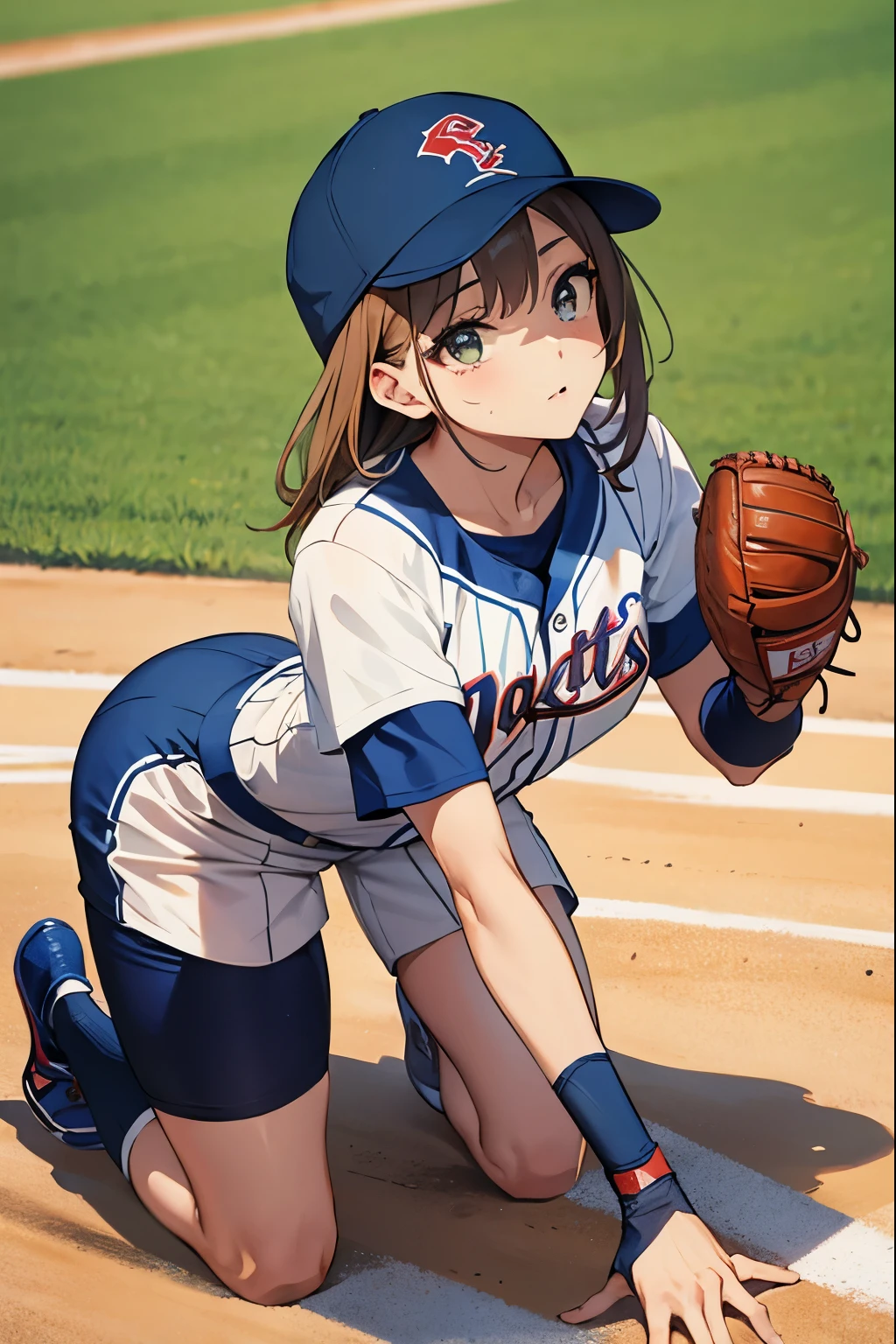 Baseball Beauty、Sexy、court、Catching the ball with a glove、Defense、Kneel、Jump sideways