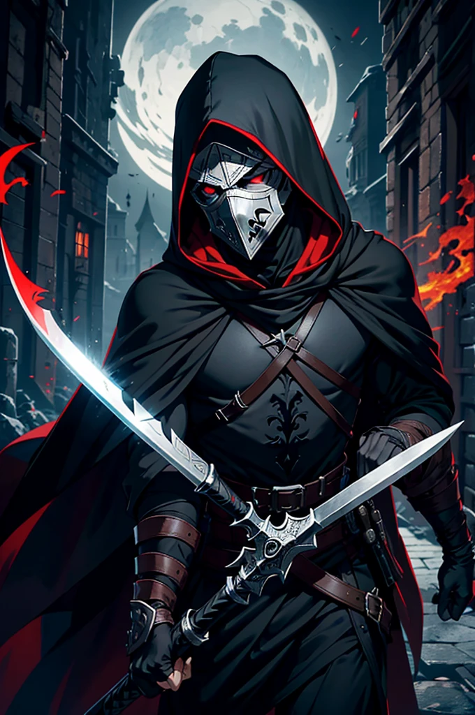 An assassin, male, fantasy character, physically strong, wearing a skull mask covering his face and eyes, dressed in black medieval attire, with a white hooded cloak over it, gray hair, short hair, red eyes, holding a dagger, nighttime background.