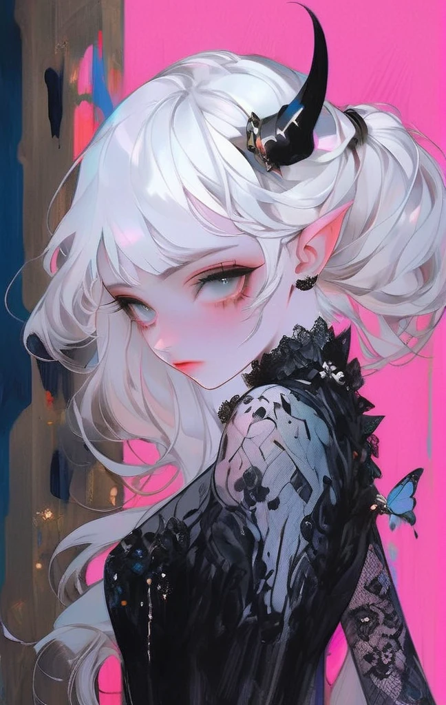 Pale devil girl , ((Above the waist)), Shot from a very long distance, (Large Eyes, Your eyes are delicate and beautiful., Beautiful and delicate face, Full body details), (prism shading, Holographic Environment, Chromatic:1.2) Black lace shirt, Gothic Background, (long right angle:1.2) 、A stunning anime girl with an intricate floral tattoo on her neck, exuding elegance and beauty.,in the style of neon realism, dark pink and light black, gothic art nouveau, anime-inspired character designs, dark white and indigo, bold yet graceful, cyberpunk manga, detailed costumes