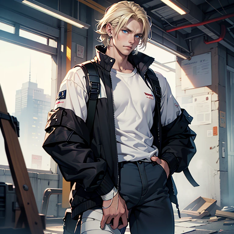 ((masterpiece)), (((best quality))), solo, 1 male, dystopian world, pale white skin, very light blonde hair, medium hair, bob hair style, straight hair, handsome young man, blue eyes, lean, tall, slender, tight pants, jacket, white shirt, bandages, elbow and knee pads, backpack, simple earrings, highest quality, highly detailed, original, high resolution CG Unit 8k wallpaper, (best quality, artwork, masterpiece, 4k)