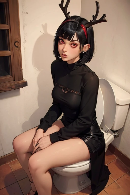 Girl with long pointed ears full of piercings, short black hair, duendecillo haircut, red eyes and reindeer antlers on head sitting on toilet. 