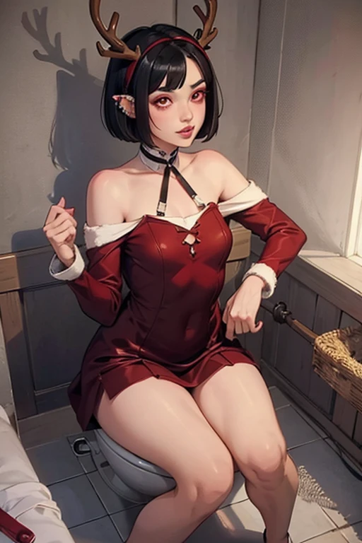 Girl with long pointed ears full of piercings, short black hair, duendecillo haircut, red eyes and reindeer antlers on head sitting on toilet. 