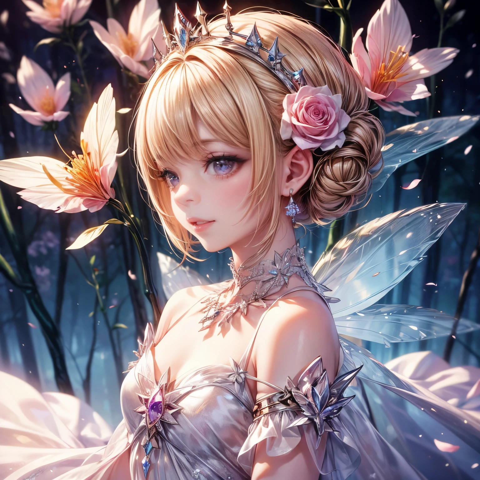 (Highest quality, masterpiece, Very detailed, Very detailed, Exquisite, 16K,Full HD),Dramatic lighting, Warm lighting, Soft lighting, Ambient Lighting, Just one,From the side, From above,((head shot)),Wake up,Lots of flowers,The whole screen is surrounded by flowers..,in the forest,(Crystal Forest),(Fairy Princess, Purple eyes, Long eyelashes,White skin,slim,Pale pink lips,Pale pink cheeks, blonde,thin and long,(thin and high nose,Small Nose),(腰の少しFrom above巨大な妖精の羽),Diamond Tiara,Diamond Earrings,Diamond Choker,White ball gown dress with diamonds, Lace and frills,(Laughter), (Fantasy, Romantic atmosphere), Magic Light,