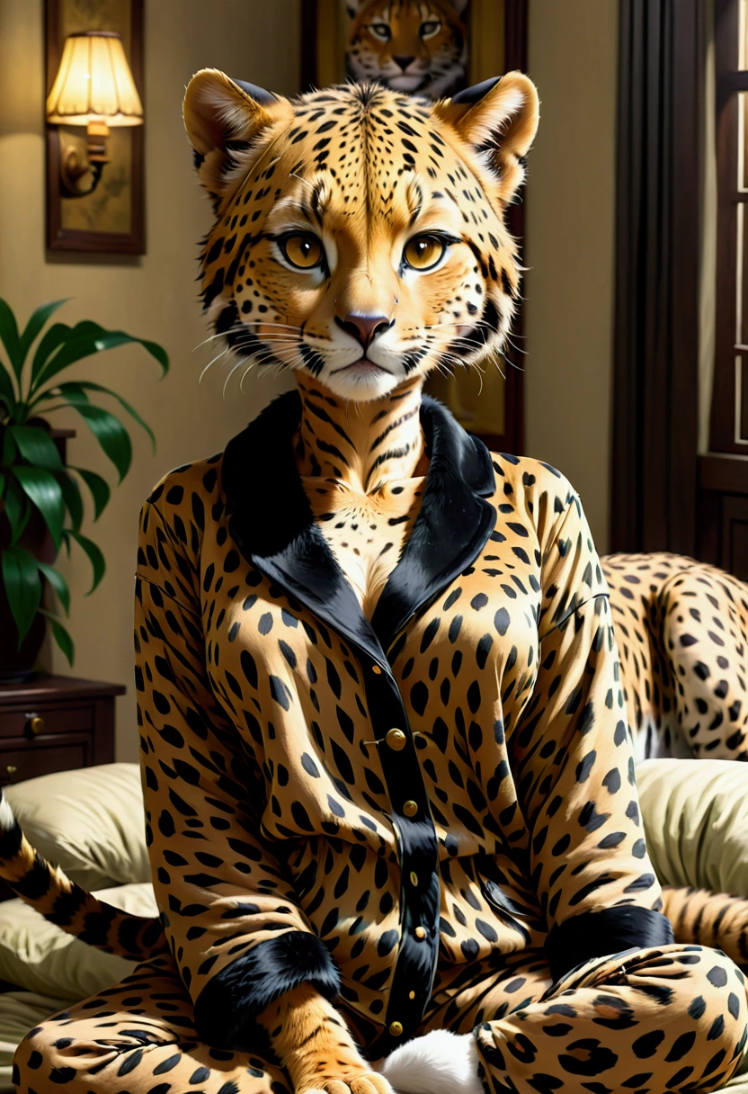 (hope but), ((work of art)) , ((best qualityer)), illustration, gals, pijamas, Cheetah, feline, feline, Khajiit, mammal, panther, tigre, anthropo, female, female/female, coat, ssmile, spots, spotted body, spotted coat, squish, trunk