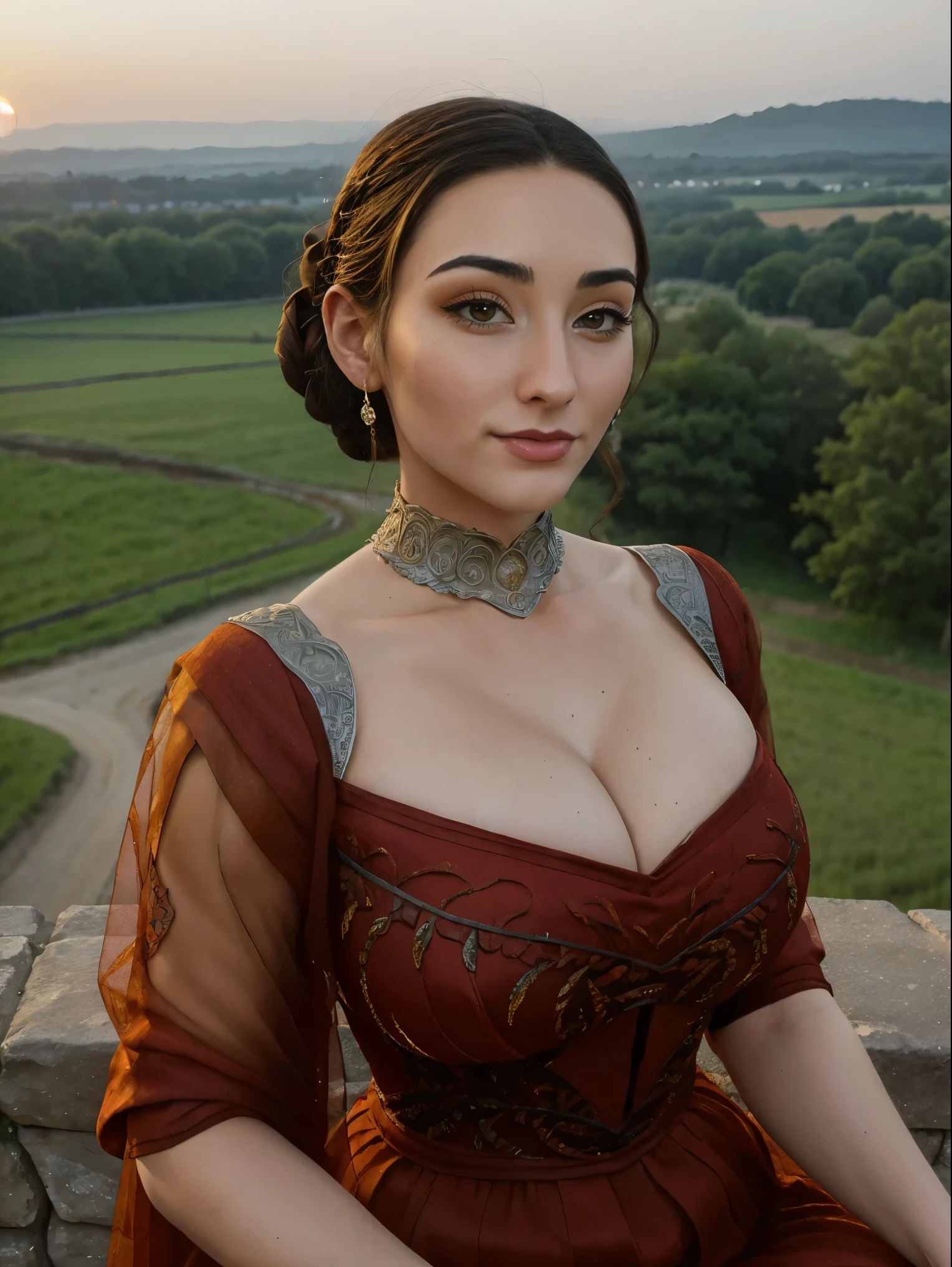 Beautiful and regal, imperious and aloof, busty athletic (thin) brunette queen with sharp facial features wearing a modest updo, dark red medieval dress, long sleeves, intricate patterns, embroidery, wide neck, crown, veil, long dress, modest dress, tight bodice, silver (waist chain), medieval jewelry, Middle Ages, castle, rampart, wall, exterior, on top of a castle wall, trees, countryside, evening, sunset.