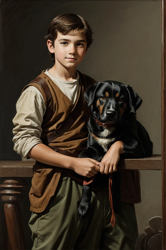 Half-length portrait of a boy with his dog. The boy&#39;s hand on the head of his poodle dog