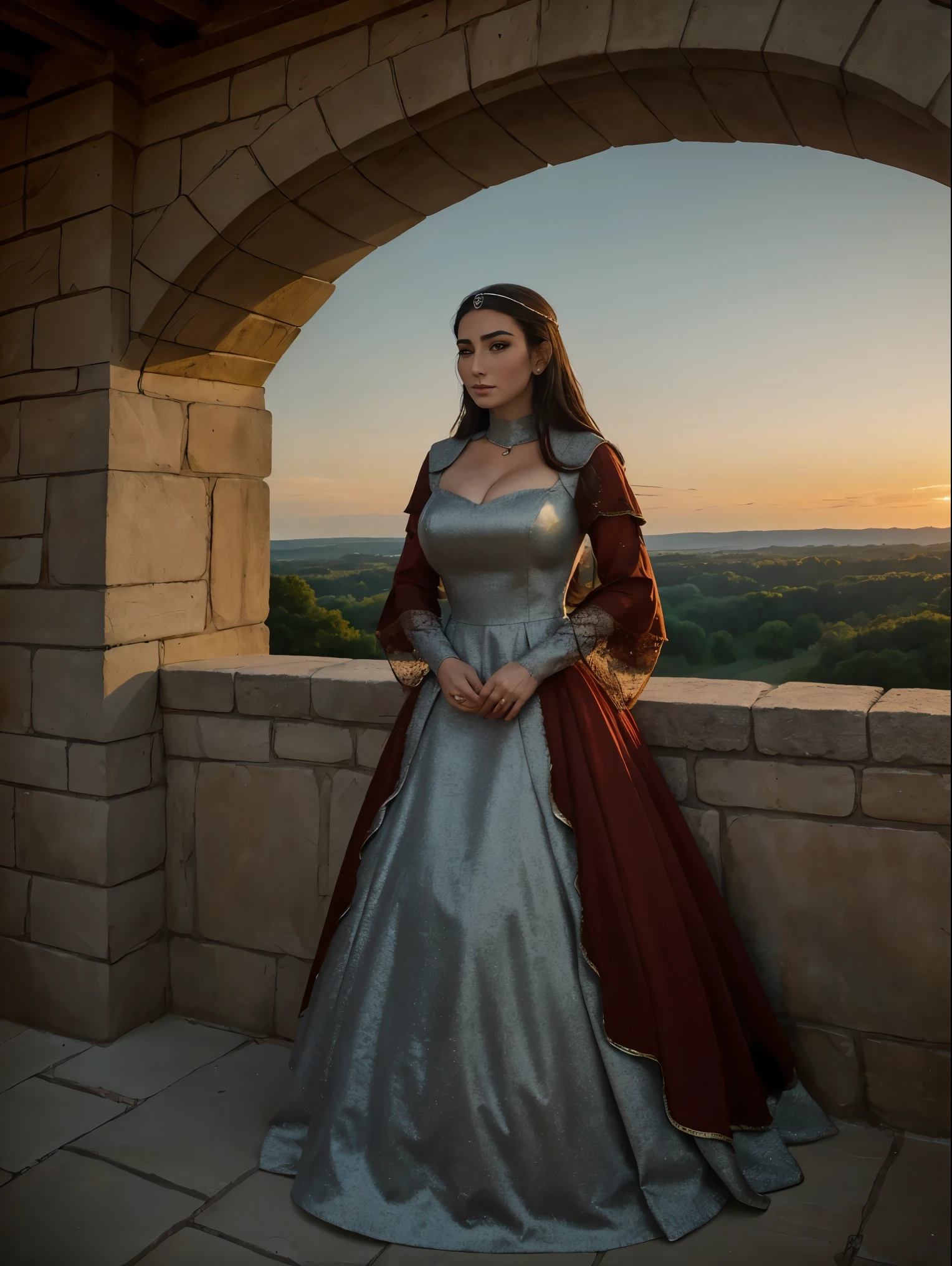 Beautiful and regal, imperious and aloof, busty athletic (thin) brunette queen with sharp facial features wearing a modest updo, dark red medieval dress, long sleeves, wide neck, crown, veil, long dress, modest dress, tight bodice, silver (waist chain), medieval jewelry, Middle Ages, castle, rampart, wall, exterior, on top of a castle wall, trees, countryside, evening, sunset.