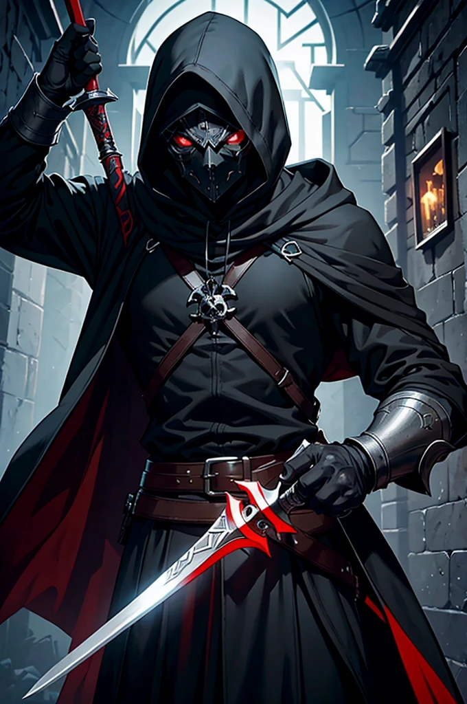 An assassin, male, fantasy character, physically strong, wearing a skull mask covering his face and eyes, dressed in black medieval attire, with a white hooded cloak over it, gray hair, short hair, red eyes, holding a dagger, nighttime background.