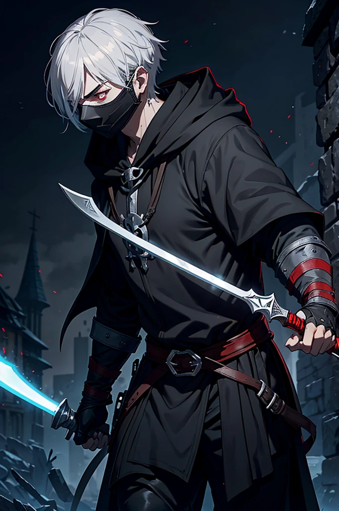 An assassin, male, fantasy character, physically strong, wearing a skull mask covering his face and eyes, dressed in black medieval attire, with a white hooded cloak over it, gray hair, short hair, red eyes, holding a dagger, nighttime background.